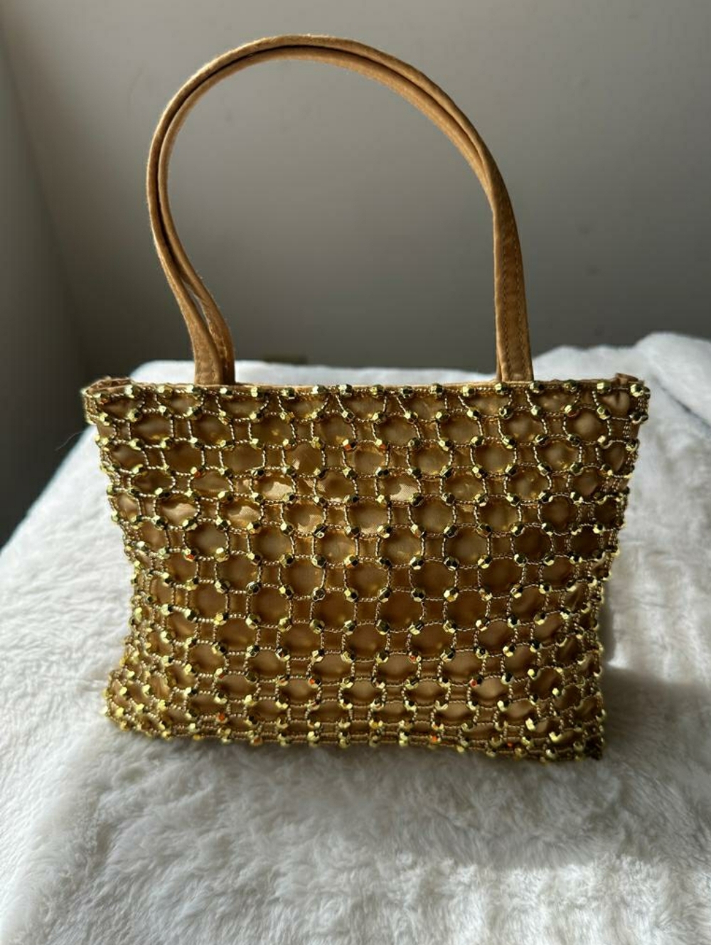 Gold Beaded Tote Bag - Elegant Women's Handbag